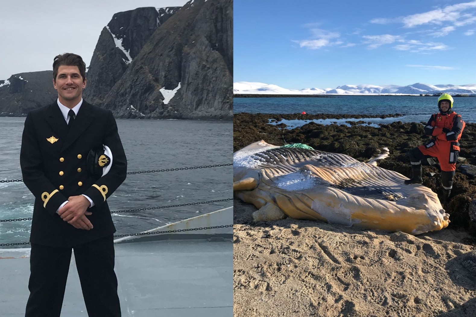 To the left: May 17th at Nordkappplatået. To the right: Rescue operation, removing a stranded whale.